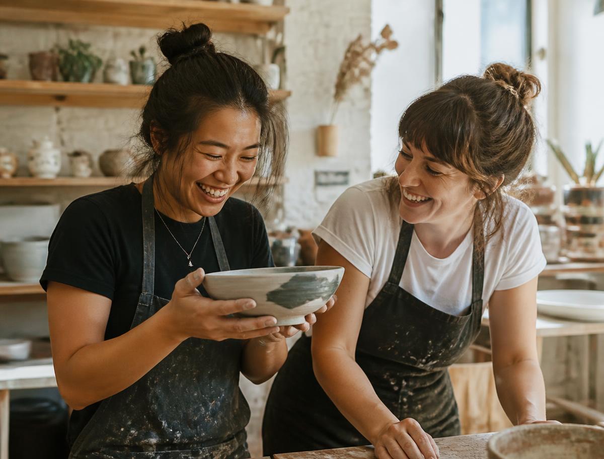 Two makers laughing over a freshly glazed bowl