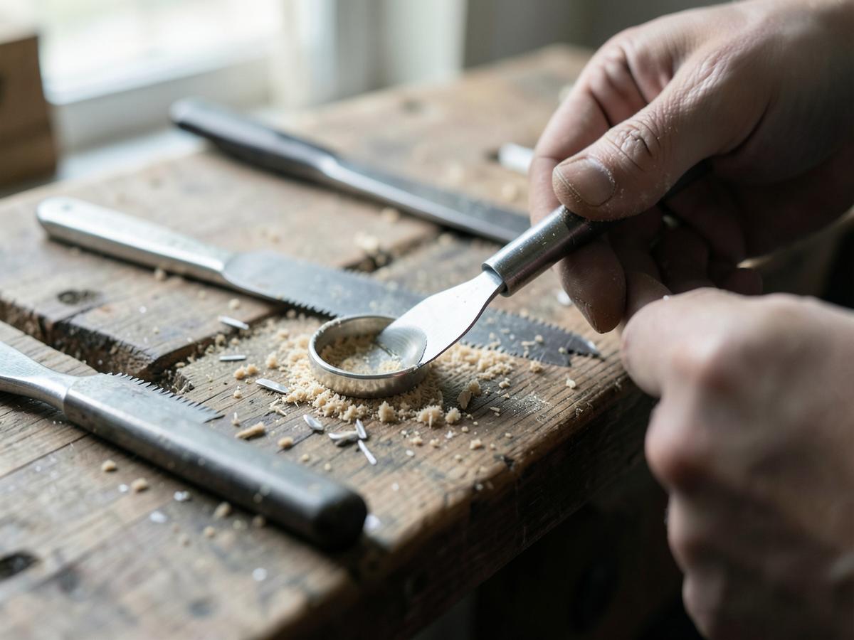 Silver ring held with a file at a jeweller's bench