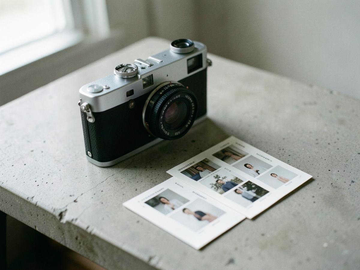 Film camera and contact sheets on a lightbox in a photo studio